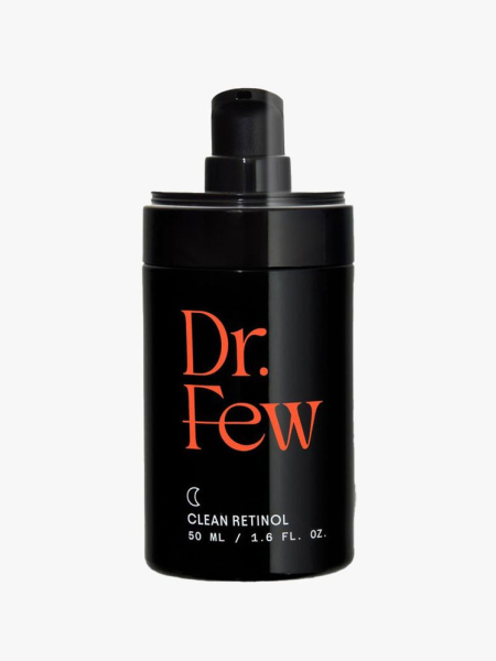 A black pump bottle of Dr. Few Clean Retinol on light gray background